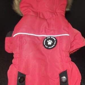 Red Dog Jacket with Faux Fur Trim And Grey Small Pet Carrier